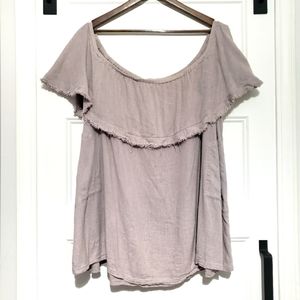 Free People Oversized Ruffle Neck Blouse Womens XS Taupe Sleeveless Boho Raw Hem